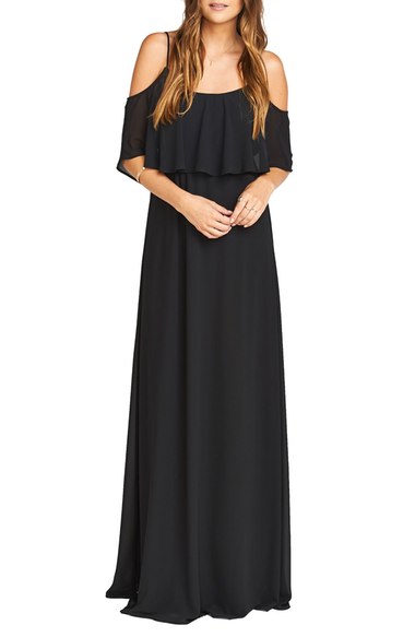 Show Me Your Mumu 'Caitlin' Convertible Ruffle Bodice Chiffon Gown Black Chiffon off the shoulder dresses for fall wedding guest season