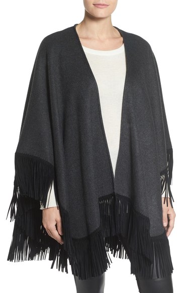 Sofia Cashmere Faux Suede Fringe Reversible Cashmere Cape Charcoal Black