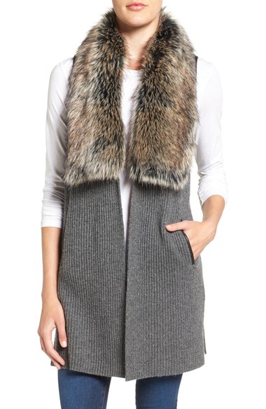 Splendid Wool Blend Vest with Faux Fur Trim Coal Black faux fur vests fall 2016