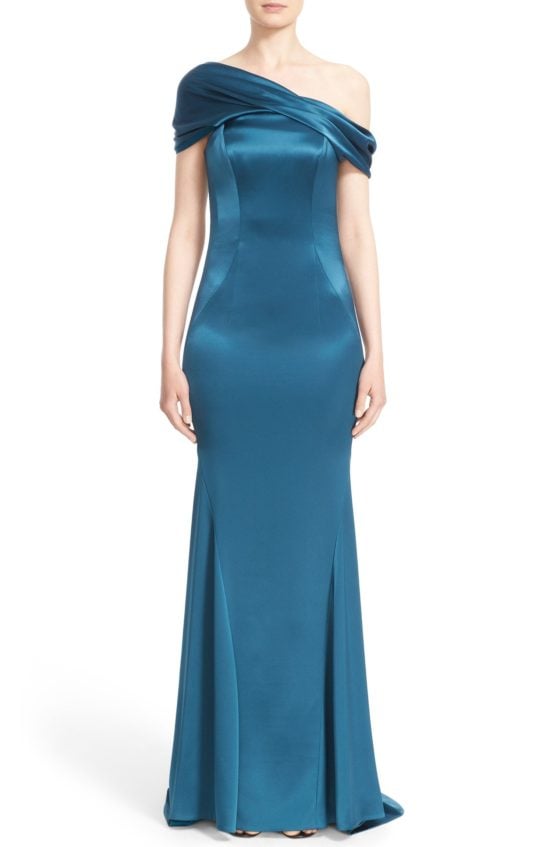 St. John Collection Liquid Satin Draped One-Shoulder Mermaid Gown Tanzanite one shoulder dresses fall wedding guest season