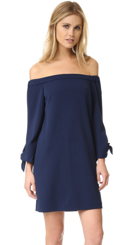 Tibi Off Shoulder Tie Dress Navy Blue off the shoulder dresses fall wedding guest