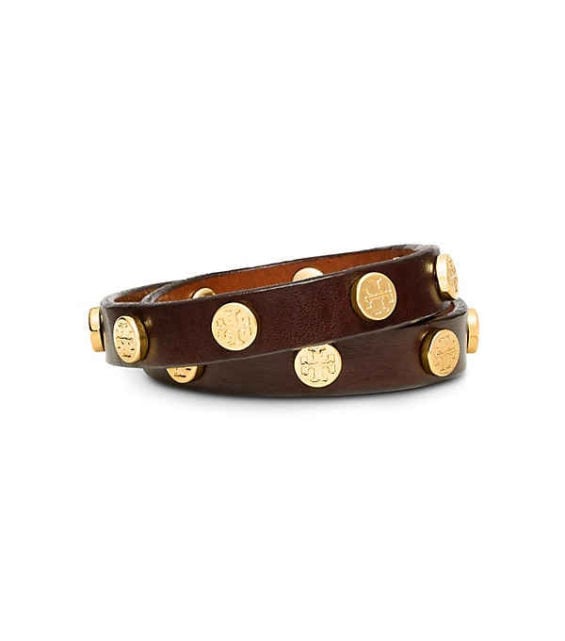 Tory Burch LEATHER DOUBLE-WRAP LOGO STUD BRACELET Brown tory burch private sale