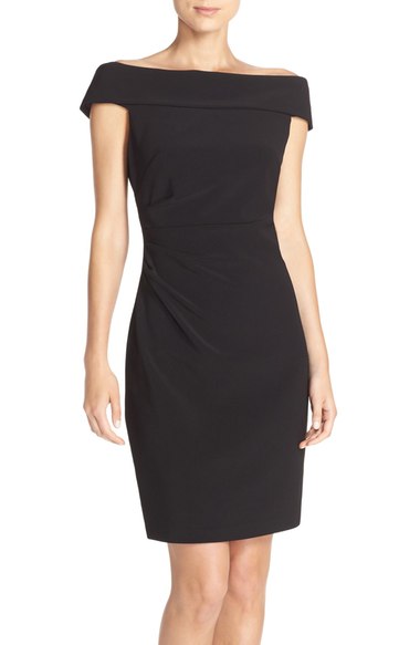 Vince Camuto Off the Shoulder Crepe Sheath Dress Black off the shoulder dresses fall wedding guest season 