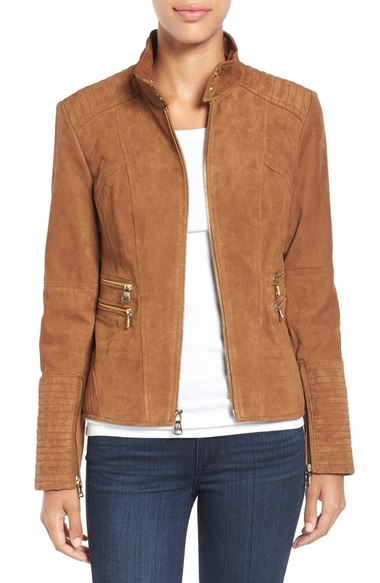 Vince Camuto Suede Zip Front Jacket Cognac suede moto jackets fall 2016