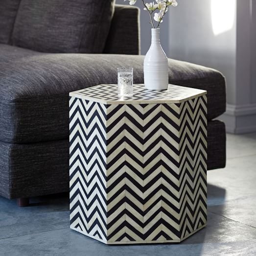 West Elm Bone Inlaid Faceted Side Table Geometric Chevron Pattern west elm sale