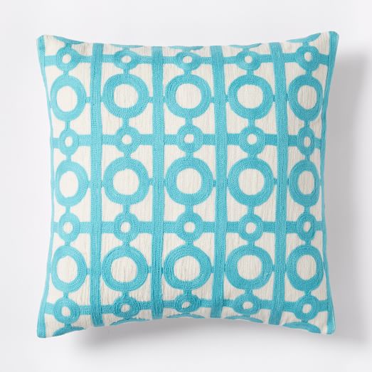 West Elm Crewel Circle Lattice Pillow Cover - Bright Turquoise