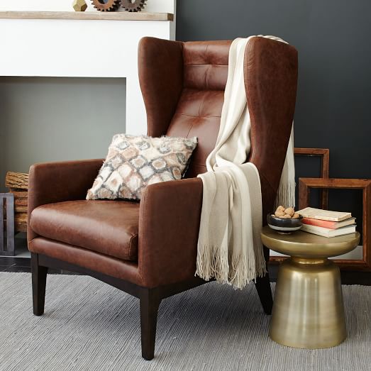 West Elm James Harrison Wing Chair - Leather Premium Aniline Leather Molasses west elm sale