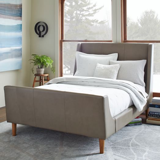 West Elm Leather Sleigh Bed - Elephant Gray west elm sale
