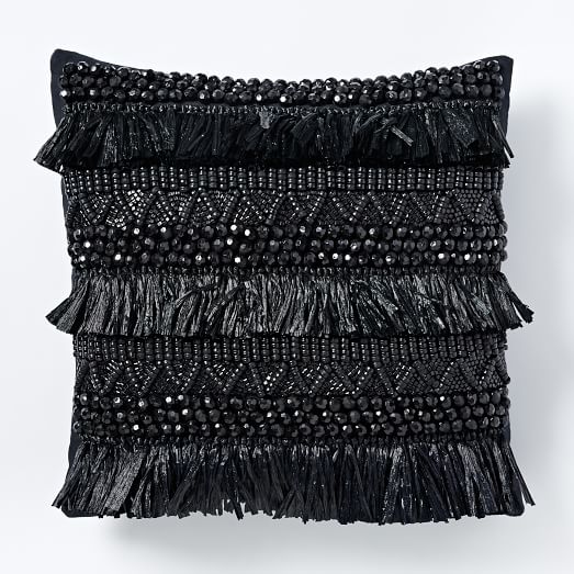 West Elm Rafia Fringe Beaded Pillow Cover - Black west elm sale