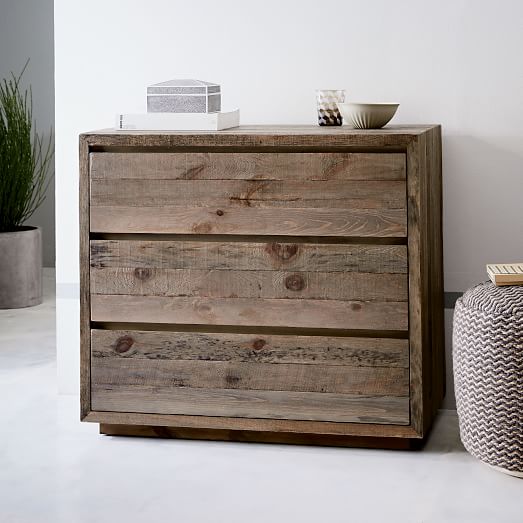 West Elm Sander 3-Drawer Dresser Reclaimed Pie Light Gray Finish west elm sale