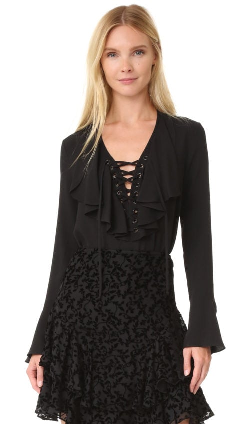Yigal Azrouel Lace Up Ruffle Blouse Black lace-up tops fall 2016