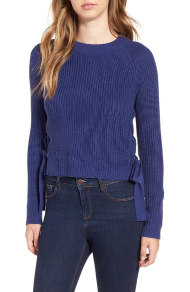 devlin 'Catherine' Lace-Up Side Sweater Midnight Blue lace-up tops fall 2016