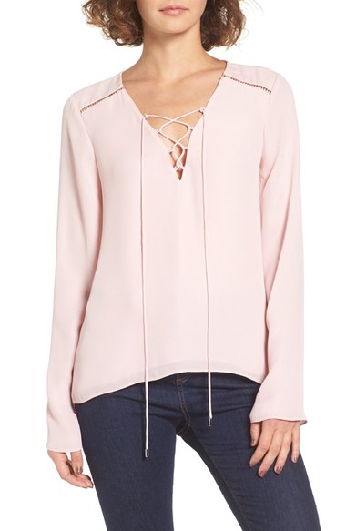 devlin Krystal Lace-Up Blouse Blush Pink lace-up tops fall 2016