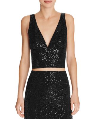 AQUA Sequined Crop Top Black sequin tops holiday party season new year's eve