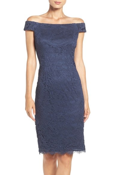 Adrianna Papell Off-the-Shoulder Lace Sheath Dress Navy Blue off the shoulder dresses holiday party season