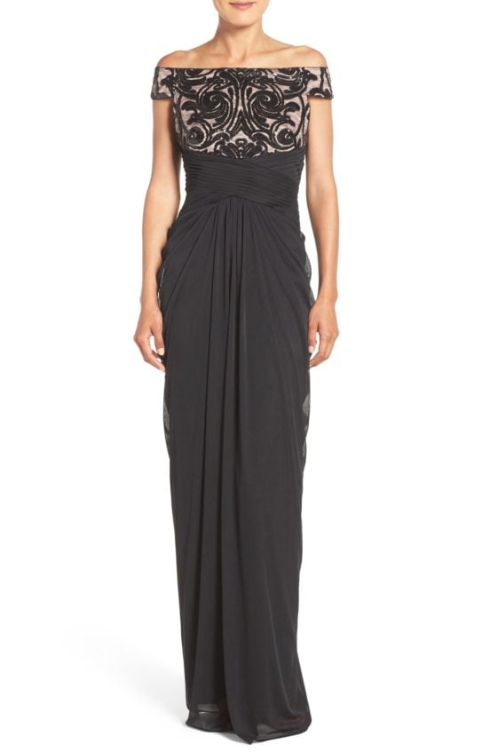 Adrianna Papell Sequin Lace & Tulle Gown Black Rose Gold off the shoulder dresses holiday party season