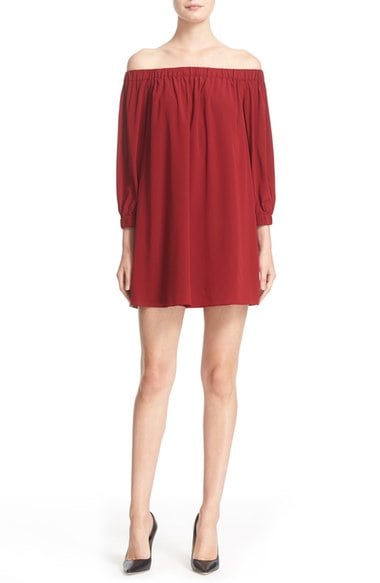  Alice + Oliva 'Desiree' Off the Shoulder Stretch Silk Tunic Dress Bordeaux tunic dresses fall winter thanksgiving