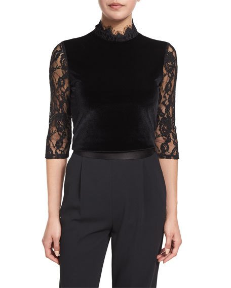 Alice + Olivia Jenny Velvet & Lace Mock-Neck Top Black lace tops