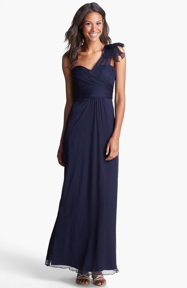Amsale Illusion Shoulder Crinkled Silk Chiffon Dress Navy Blue Nordstrom pre-black friday sale