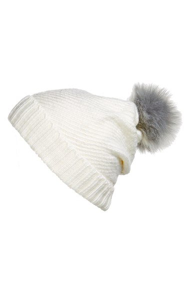 BCBG Faux Fur Pompom Knit Beanie Optic White pom beanies 