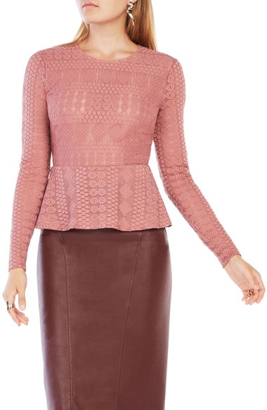 BCBGMAXAZRIA Michelle Peplum Lace Top Sepia Rose lace tops holiday party season