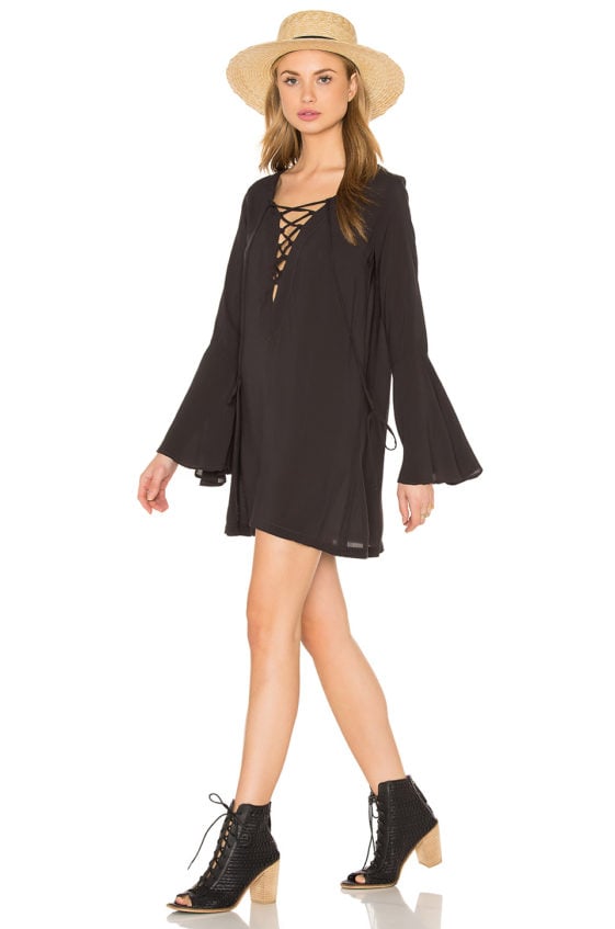 BLUE LIFE Lace Up Tunic Dress Bell Sleeves Soft Black tunic dresses 