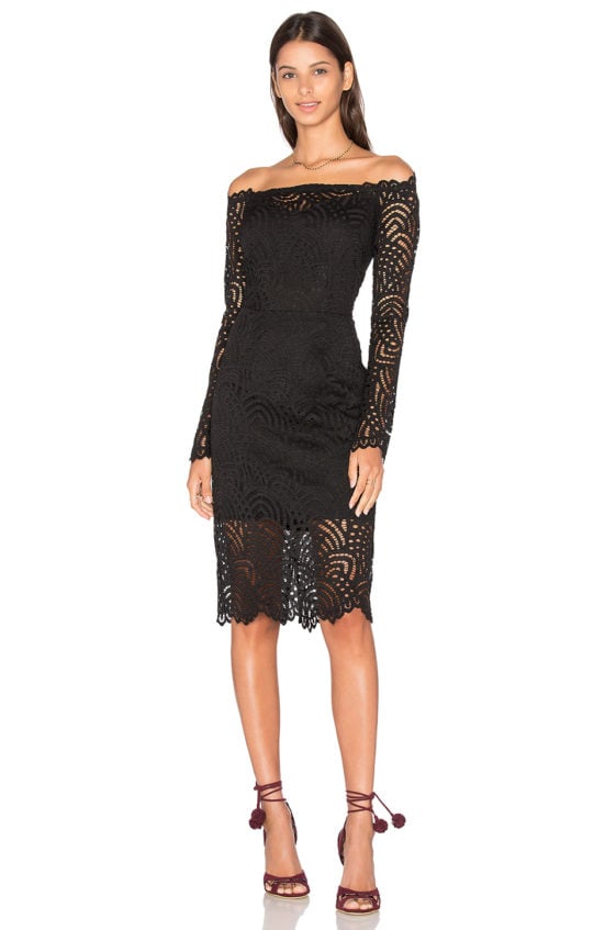 BOBI BLACK LACE CROCHET OVERLAY LONG SLEEVE OFF THE SHOULDER DRESS off the shoulder dresses holiday party season