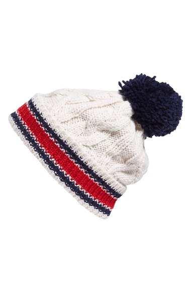 BP. Varsity Cable Knit Beanie Ivory pom beanies 