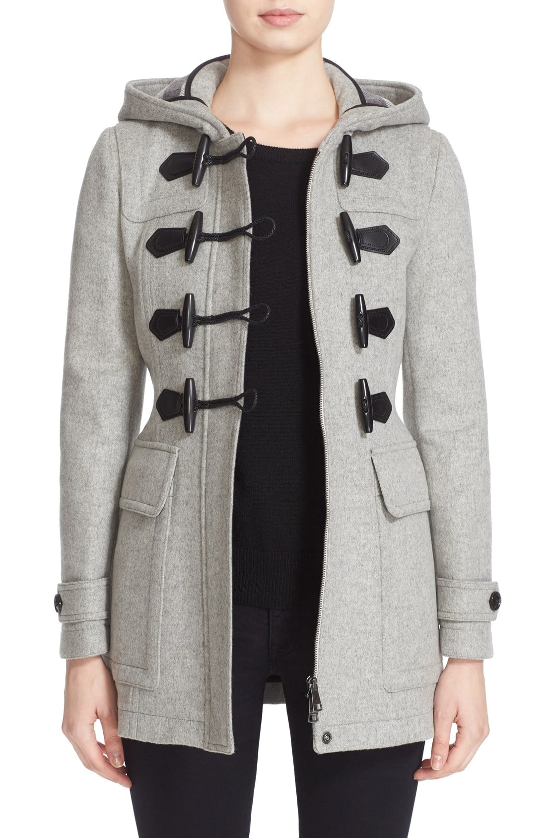 BURBERRY 'Blackwell' Wool Duffle Coat Light Grey Melange toggle coats