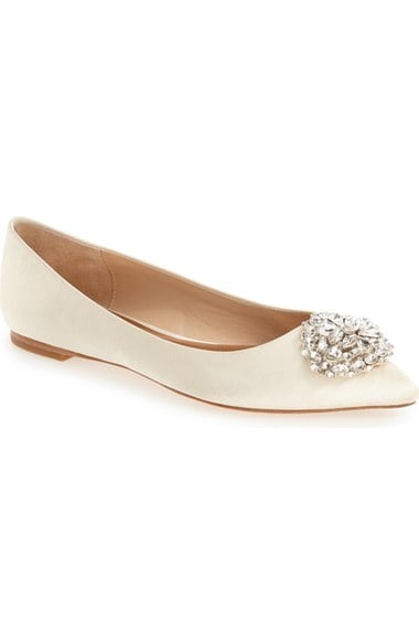 Badgley Mischka 'Davis' Crystal Embellished Pointy Toe Flat (Women) Ivory Satin