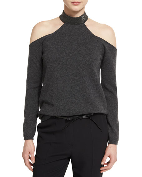 Brunello Cucinelli Monili-Neck Cold-Shoulder Sweater Volcano cold shoulder turtlenecks