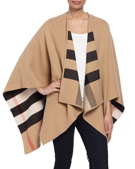 Burberry Charlotte Check-To-Solid Wool Cape, Camel Neiman Marcus cyber monday sale
