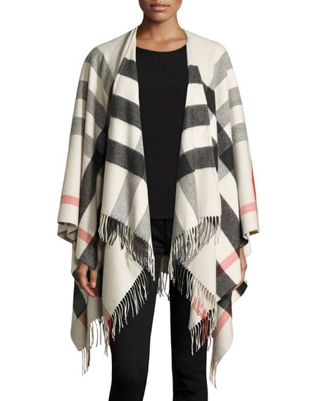 Burberry Collette Check Fringe-Trim Cape, Stone Neiman Marcus cyber monday sale