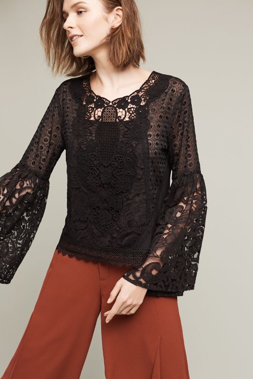 Champagne & Strawberry Bell-Sleeve Lace Top Black lace tops holiday party season