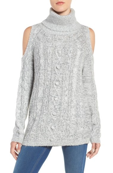 Chelsea28 Cold Shoulder Sweater Grey Heather Silver Sequin cold shoulder turtlenecks