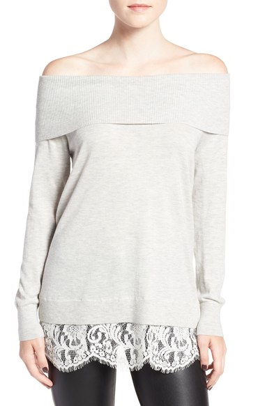 Chelsea28 Lace Off the Shoulder Sweater Grey Lt Hthr Ivory Combo Nordstrom pre-black friday sale