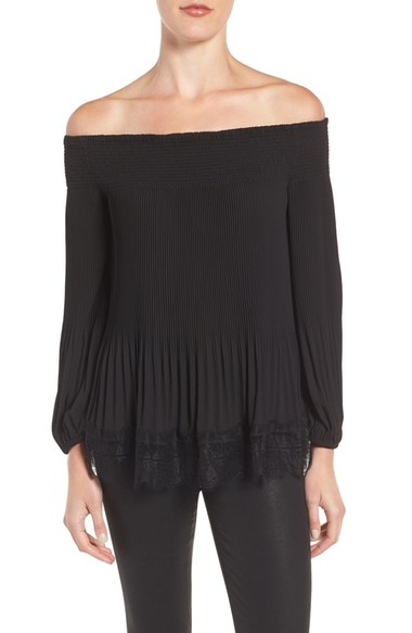 Chelsea28 Pleated Off the Shoulder Top Black with Lace 
