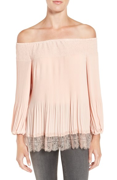 Chelsea28 Pleated Off the Shoulder Top Pink Hero with Lace tops for the holiday party season