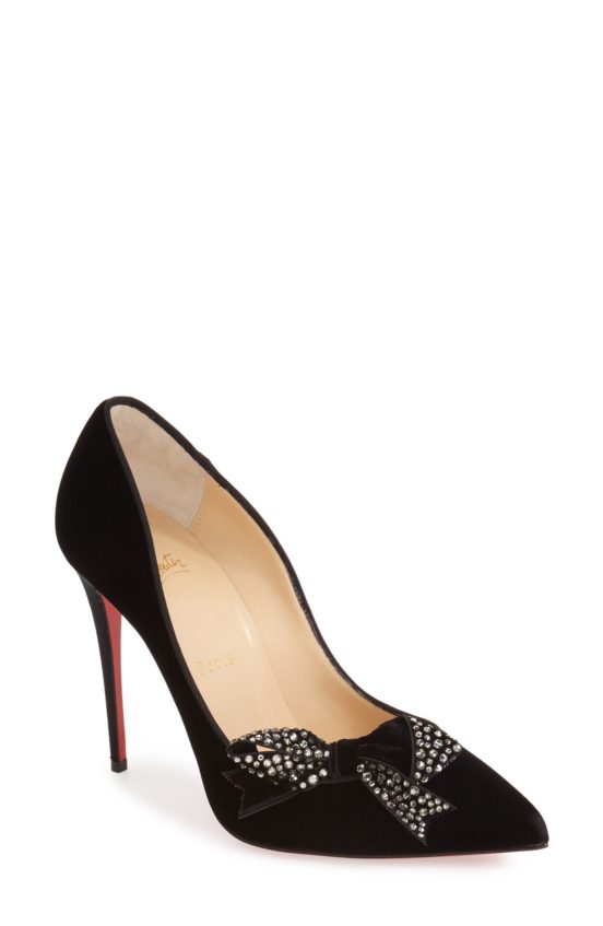 Christian Louboutin 'Madame Menule' Embellished Bow Pointy Toe Pump Black Velvet pumps 