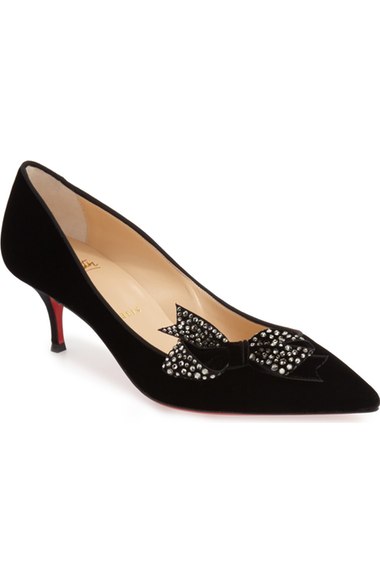 Christian Louboutin 'Mlle Menule' Embellished Bow Kitten Heel Pump Black Velvet pumps