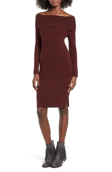 Cotton Emporium Off the Shoulder Knit Body-Con Dress Burgundy off the shoulder dresses holiday party season
