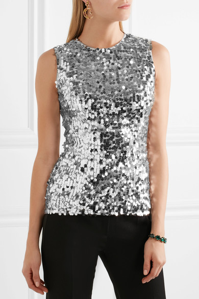 DOLCE & GABBANA Sequined tulle top White and Silver sequin tops
