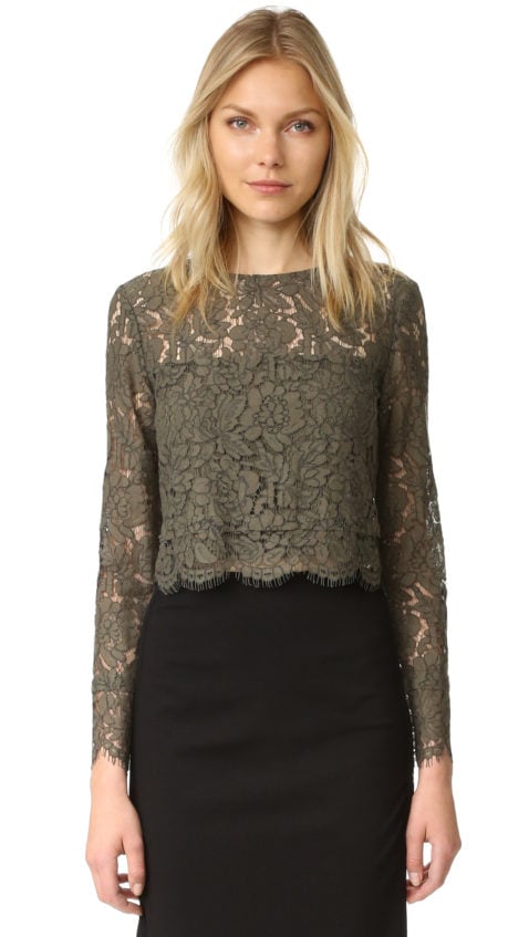 Diane von Furstenberg Yeva Cropped Lace Blouse Olive Green lace tops holiday party season