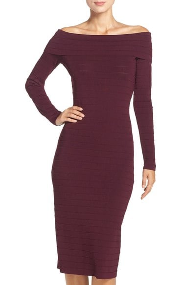 Eliza J Off the Shoulder Banded Midi Dress Wine off the shoulder dresses holiday party season