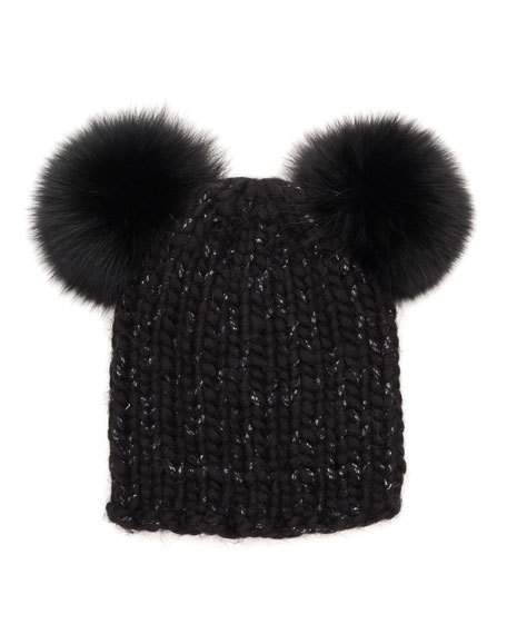 Eugenia Kim Mimi Knit Beanie Hat w/Fur Pom-Poms, Black pom beanies