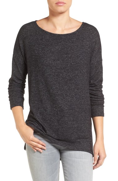 Gibson Cozy Fleece Ballet Neck High/Low Pullover Heather Black fleece pullovers