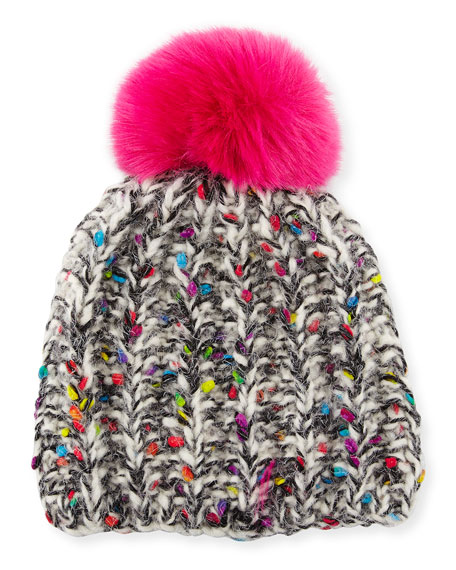 Grevi Melange Beanie w/ Faux-Fur Pompom Gray/White pom beanies