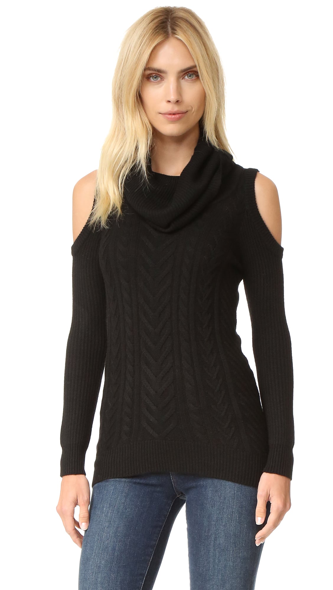 Haute Hippie Cold Shoulder Cable Knit Sweater Black cold shoulder turtlenecks