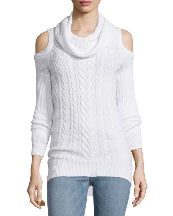 Haute Hippie Cotton Cable-Knit Cold-Shoulder Sweater Swan cable knit sweaters