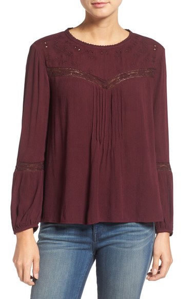 Hinge Lace Inset Peasant Top Burgundy Stem lace tops holiday party season